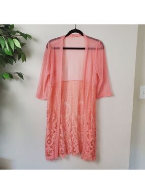 Pink Lace Bathing Suit Cover Robe Open Front Floral One Size